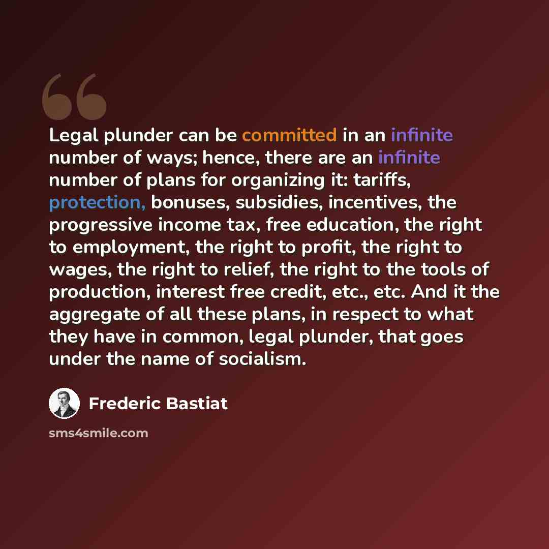 “Legal plunder can be committed in an infinite number of ways; hence, there are an infinite number of plans for organizing it: tariffs, protection, bonuses, subsidies, incentives, the progressive income tax, free education, the right to employment, the right to profit, the right to wages, the right…” quote by Frederic Bastiat