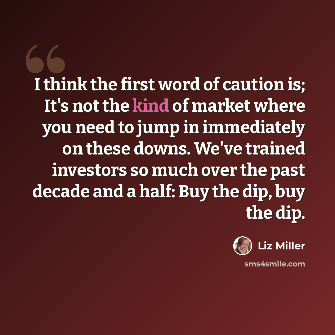 “I think the first word of caution is; It's not the kind of market where you need to jump in immediately on these downs. We've trained investors so much over the past decade and a half: Buy the dip, buy the dip.” quote by Liz Miller