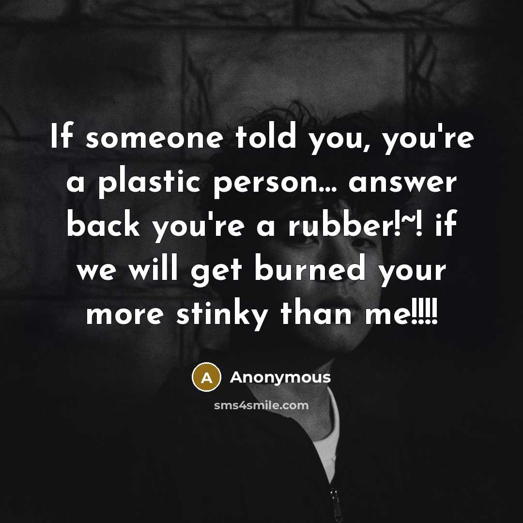 “If someone told you, you're a plastic person… answer back you're a rubber!~! if we will get burned your more stinky than me!!!!” quote by Anonymous