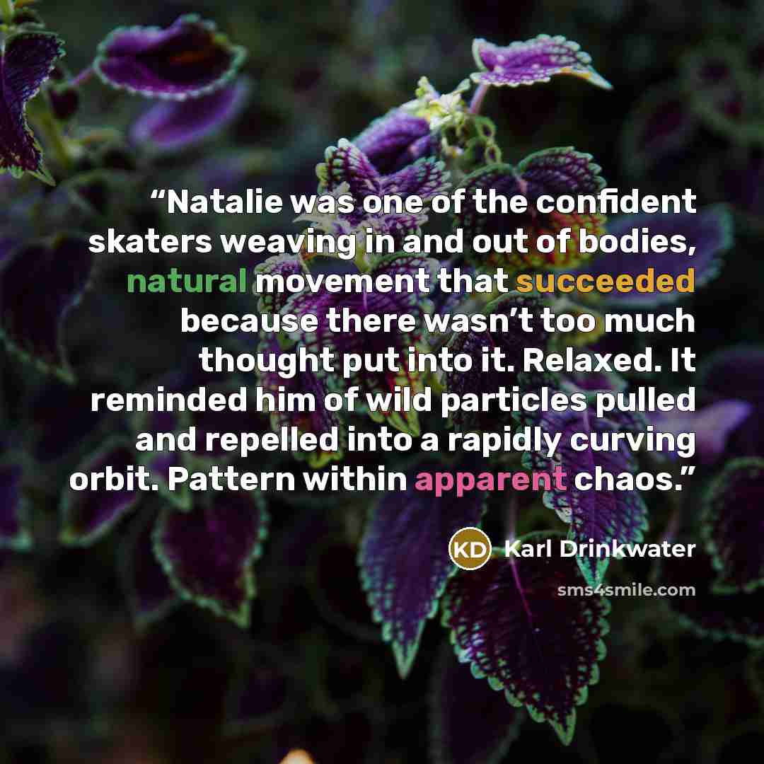 “Natalie was one of the confident skaters weaving in and out of bodies, natural movement that succeeded because there wasn’t too much thought put into it. Relaxed. It reminded him of wild particles pulled and repelled into a rapidly curving orbit. Pattern within apparent chaos.” quote by Karl Drinkwater