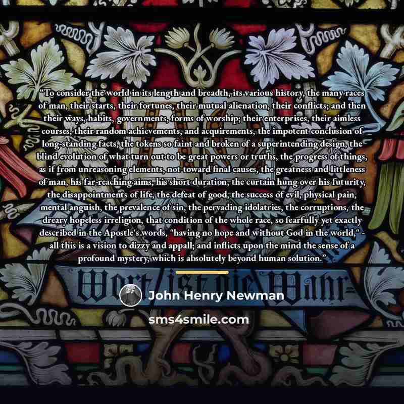 “To consider the world in its length and breadth, its various history, the many races of man, their starts, their fortunes, their mutual alienation, their conflicts; and then their ways, habits, governments, forms of worship; their enterprises, their aimless courses, their random achievements, and…” quote by John Henry Newman