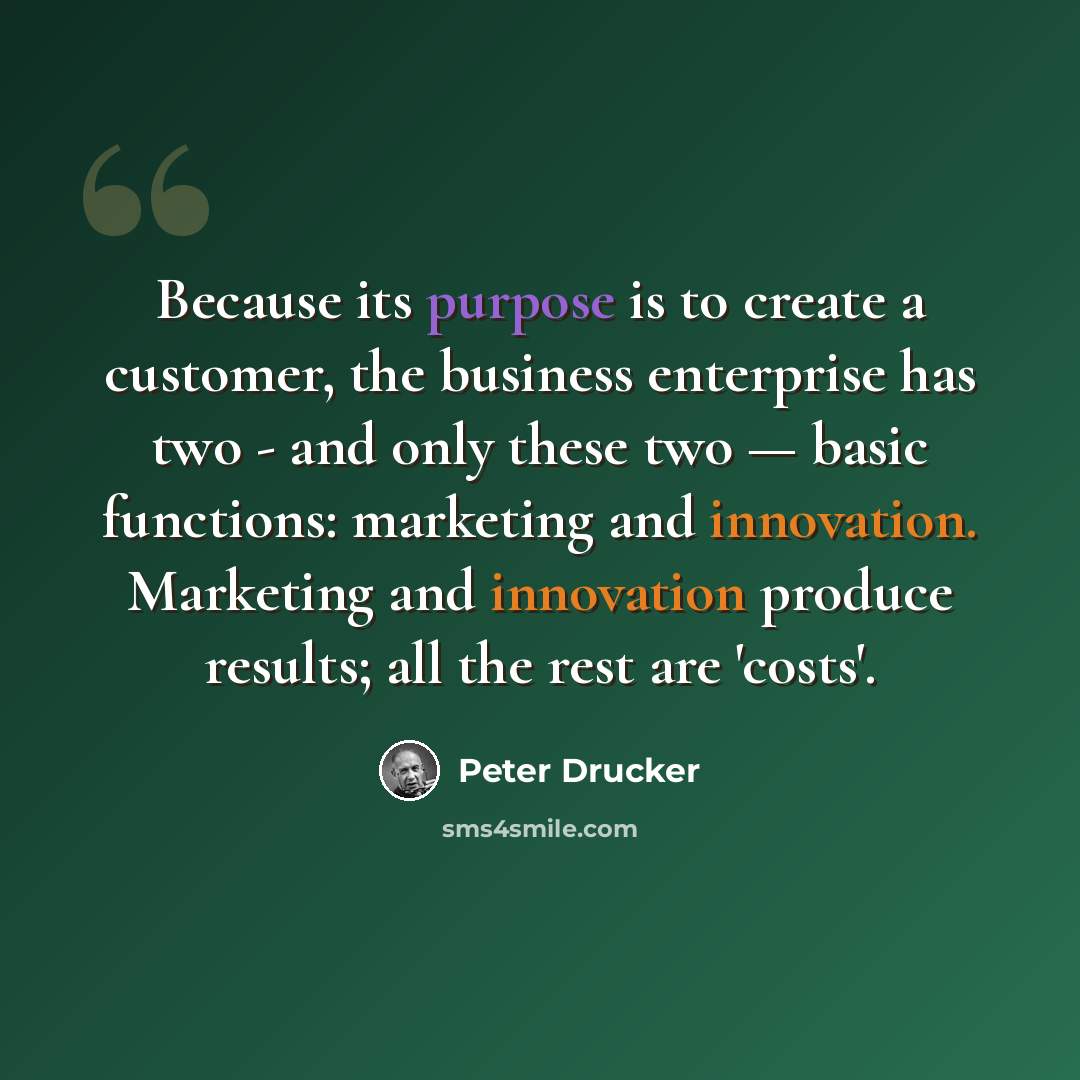 “Because its purpose is to create a customer, the business enterprise has two - and only these two — basic functions: marketing and innovation. Marketing and innovation produce results; all the rest are 'costs'.” quote by Peter Drucker