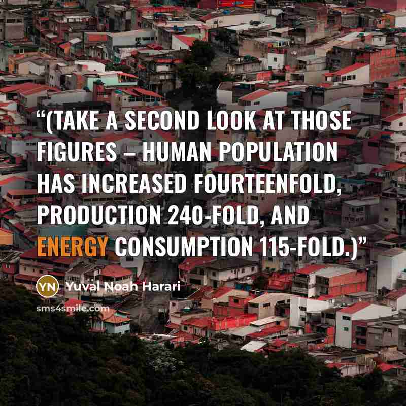 “(Take a second look at those figures – human population has increased fourteenfold, production 240-fold, and energy consumption 115-fold.)” quote by Yuval Noah Harari
