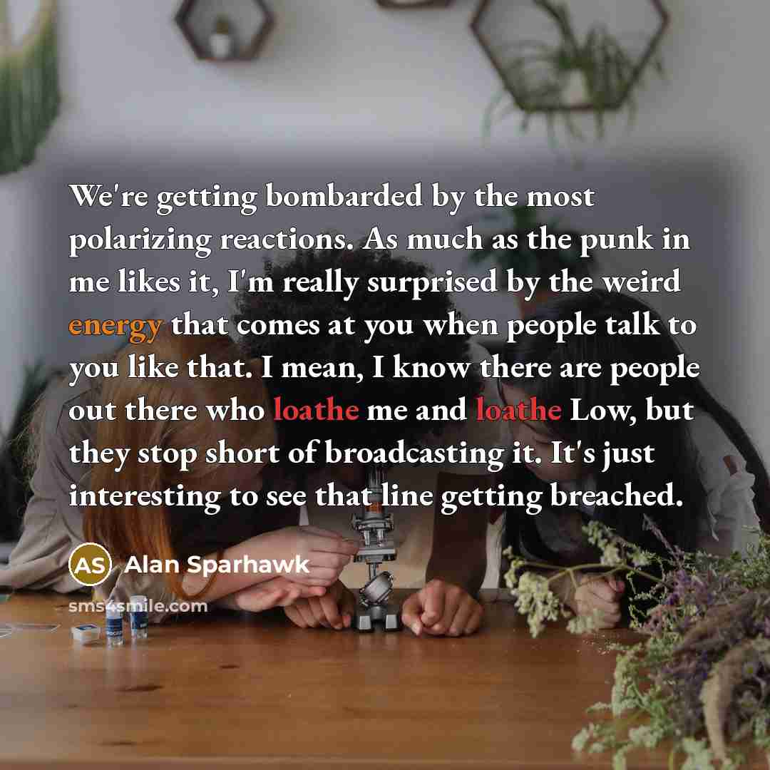 “We're getting bombarded by the most polarizing reactions. As much as the punk in me likes it, I'm really surprised by the weird energy that comes at you when people talk to you like that. I mean, I know there are people out there who loathe me and loathe Low, but they stop short of broadcasting…” quote by Alan Sparhawk
