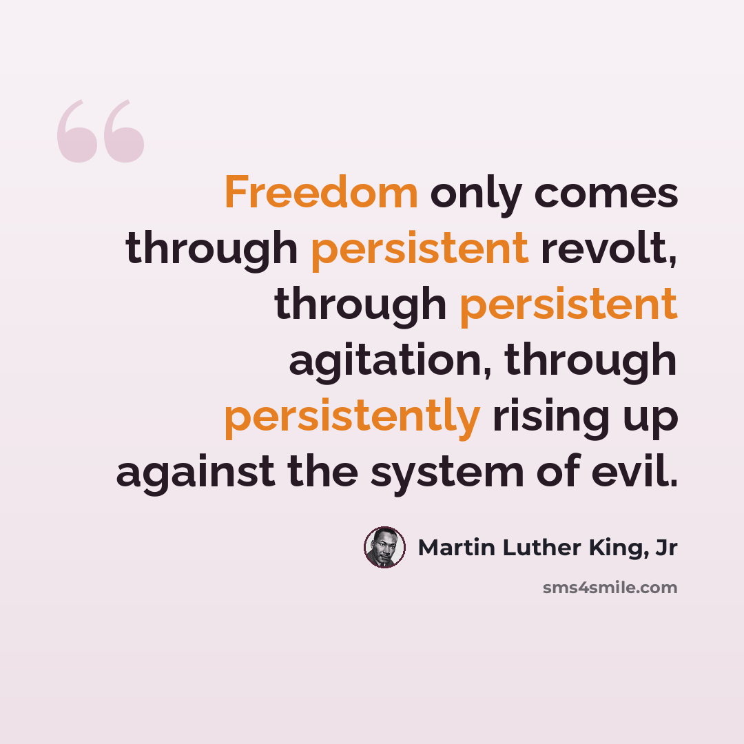 “Freedom only comes through persistent revolt, through persistent agitation, through persistently rising up against the system of evil.” quote by Martin Luther King, Jr