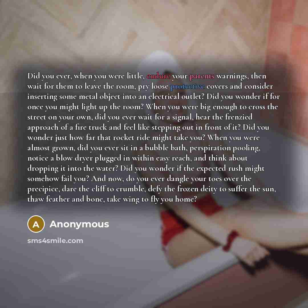 “Did you ever, when you were little, endure your parents warnings, then wait for them to leave the room, pry loose protective covers and consider inserting some metal object into an electrical outlet? Did you wonder if for once you might light up the room? When you were big enough to cross the…” quote by Anonymous