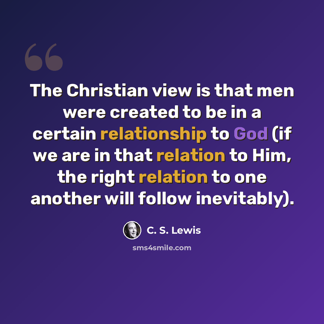 “The Christian view is that men were created to be in a certain relationship to God (if we are in that relation to Him, the right relation to one another will follow inevitably).” quote by C. S. Lewis