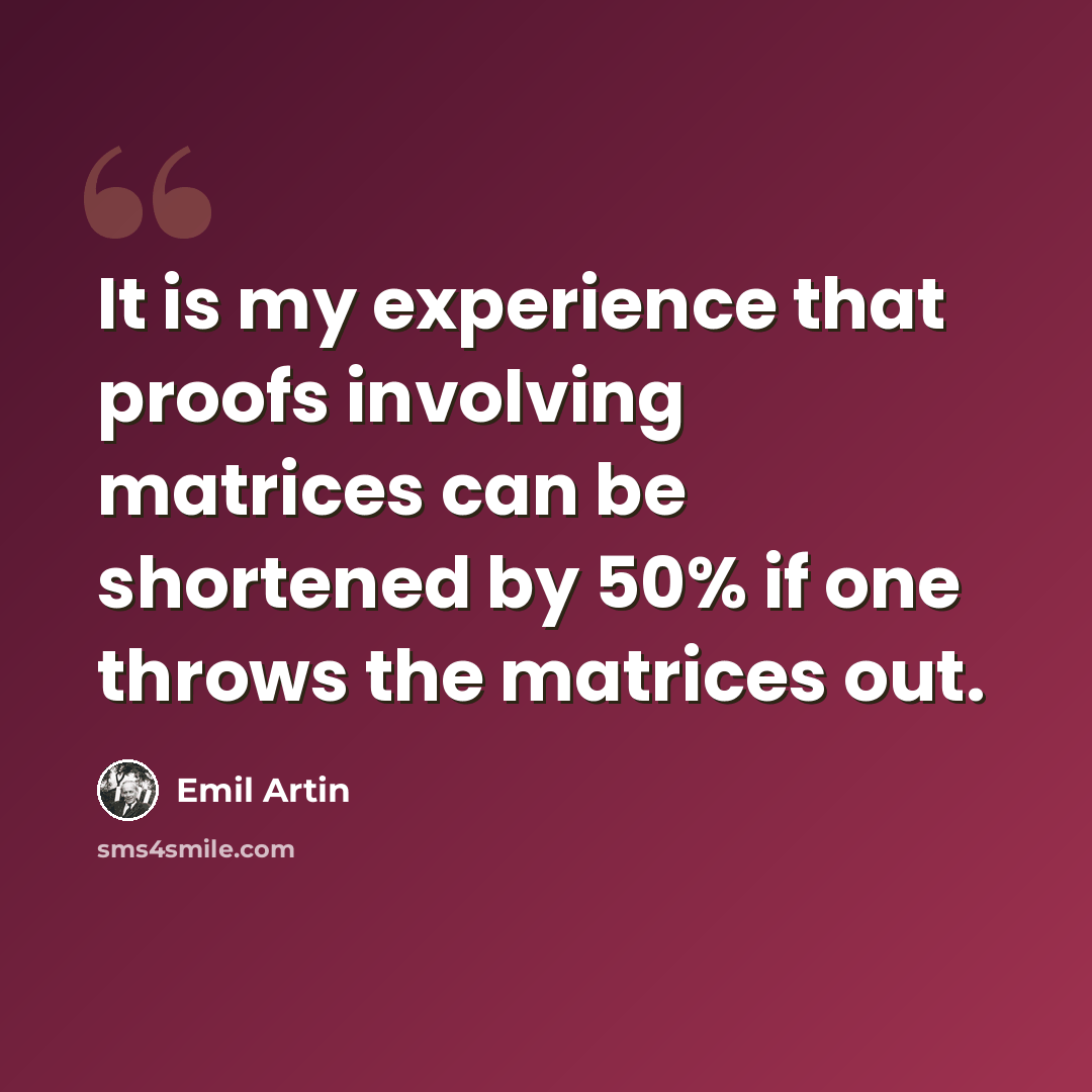 “It is my experience that proofs involving matrices can be shortened by 50% if one throws the matrices out.” quote by Emil Artin