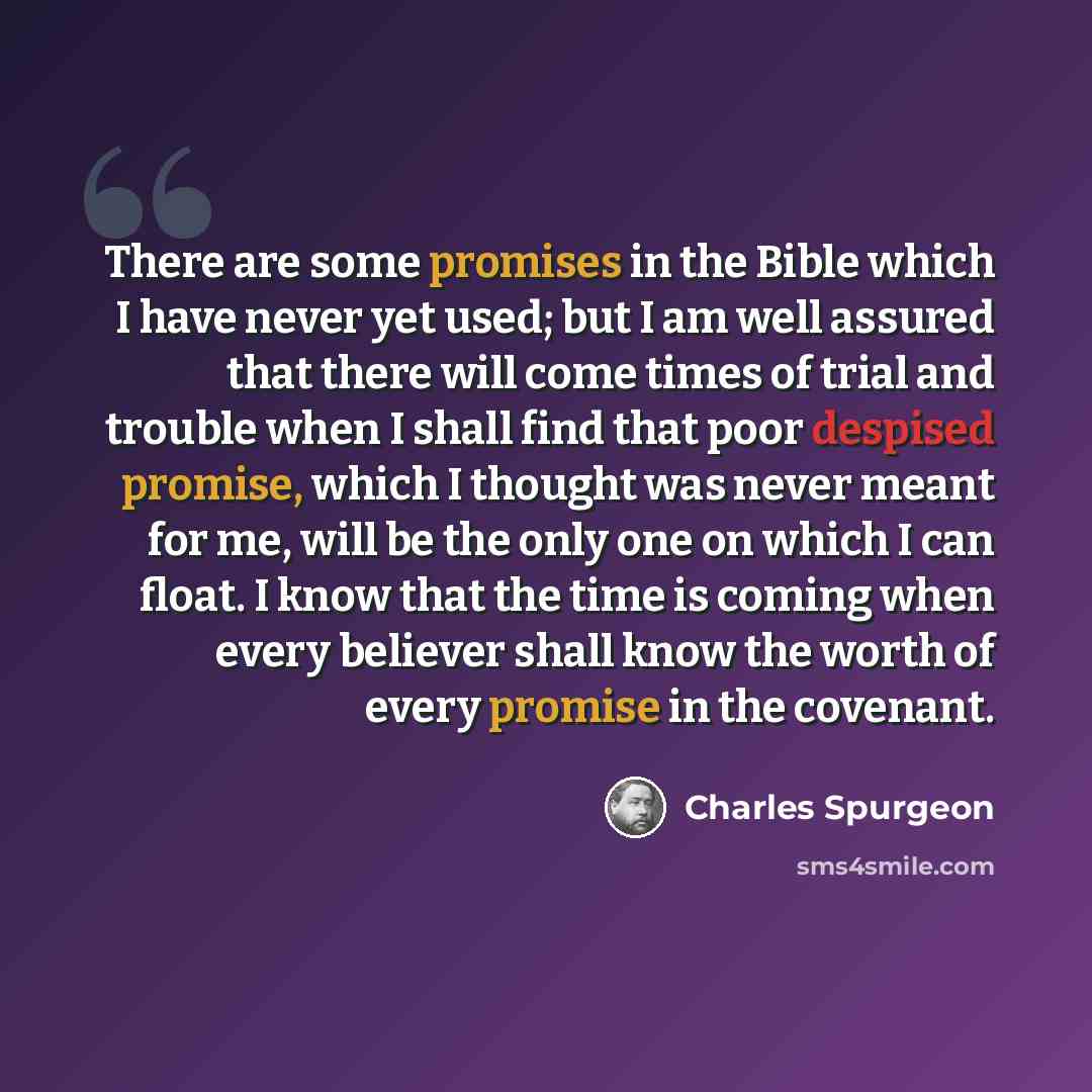 “There are some promises in the Bible which I have never yet used; but I am well assured that there will come times of trial and trouble when I shall find that poor despised promise, which I thought was never meant for me, will be the only one on which I can float. I know that the time is coming…” quote by Charles Spurgeon