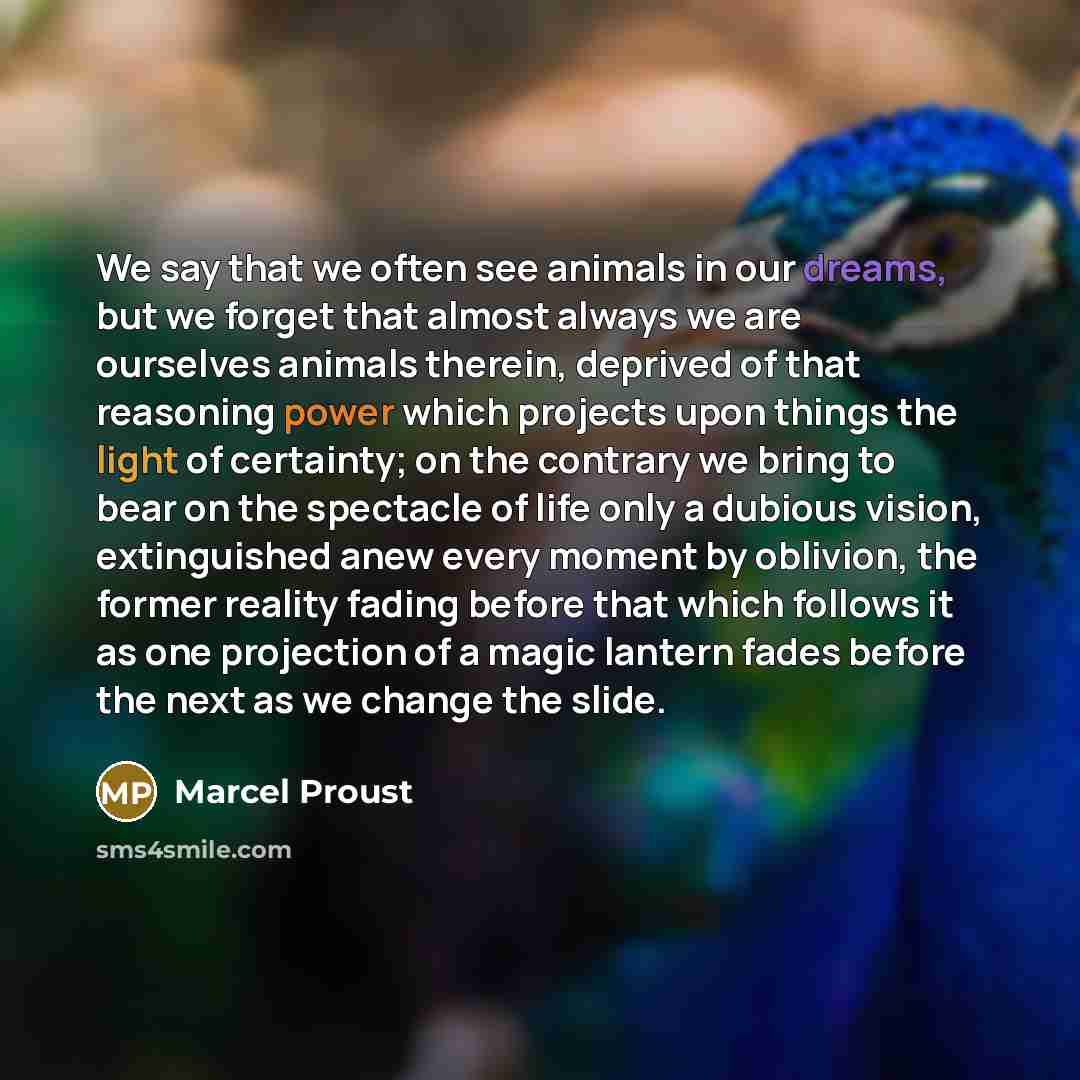 “We say that we often see animals in our dreams, but we forget that almost always we are ourselves animals therein, deprived of that reasoning power which projects upon things the light of certainty; on the contrary we bring to bear on the spectacle of life only a dubious vision, extinguished anew…” quote by Marcel Proust