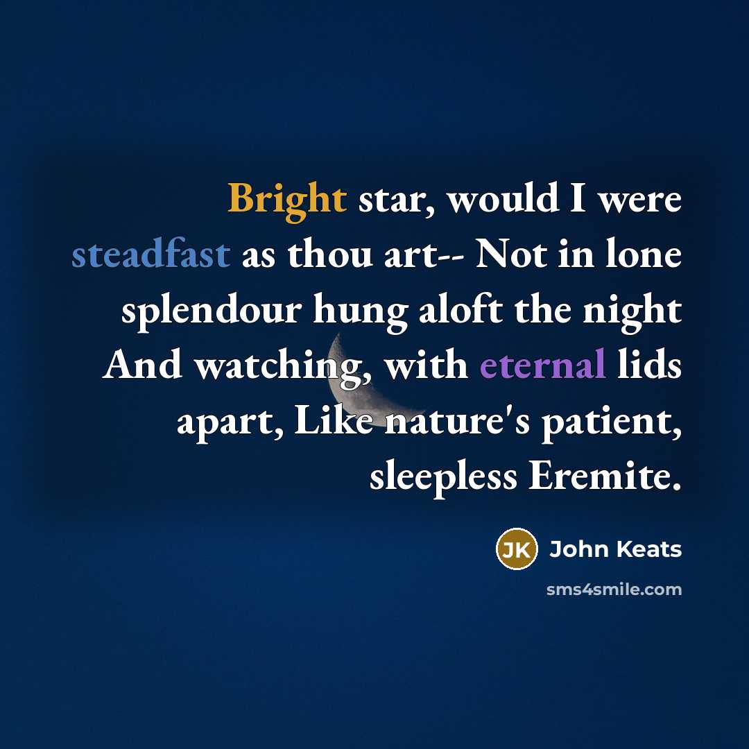 “Bright star, would I were steadfast as thou art-- Not in lone splendour hung aloft the night And watching, with eternal lids apart, Like nature's patient, sleepless Eremite.” quote by John Keats