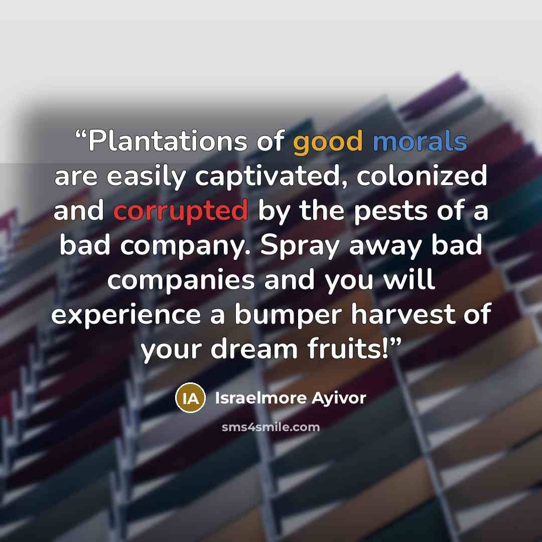 “Plantations of good morals are easily captivated, colonized and corrupted by the pests of a bad company. Spray away bad companies and you will experience a bumper harvest of your dream fruits!” quote by israelmore ayivor