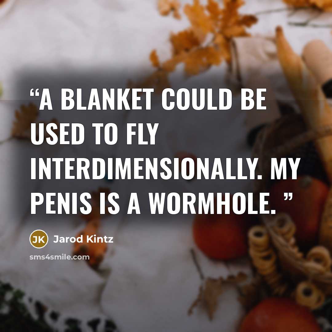 “A blanket could be used to fly interdimensionally. My penis is a wormhole.” quote by Jarod Kintz