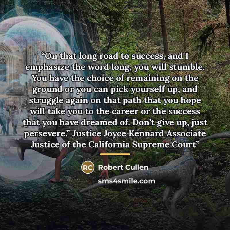 “On that long road to success, and I emphasize the word long, you will stumble. You have the choice of remaining on the ground or you can pick yourself up, and struggle again on that path that you hope will take you to the career or the success that you have dreamed of. Don’t give up, just…” quote by Robert Cullen