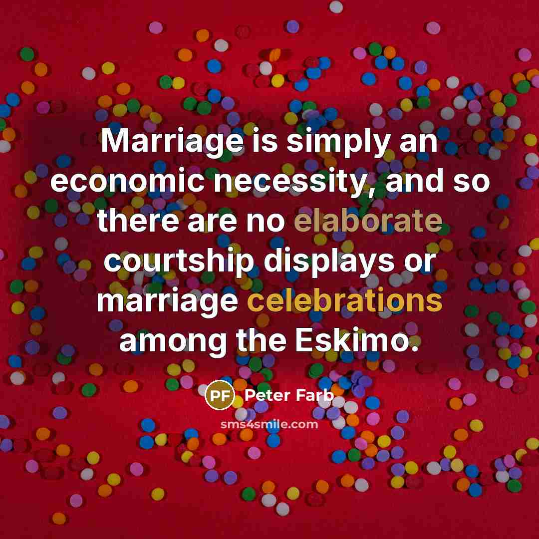 “Marriage is simply an economic necessity, and so there are no elaborate courtship displays or marriage celebrations among the Eskimo.” quote by Peter Farb