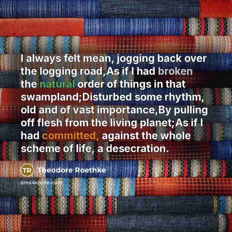 “I always felt mean, jogging back over the logging road,As if I had broken the natural order of things in that swampland;Disturbed some rhythm, old and of vast importance,By pulling off flesh from the living planet;As if I had committed, against the whole scheme of life, a desecration.” quote by Theodore Roethke