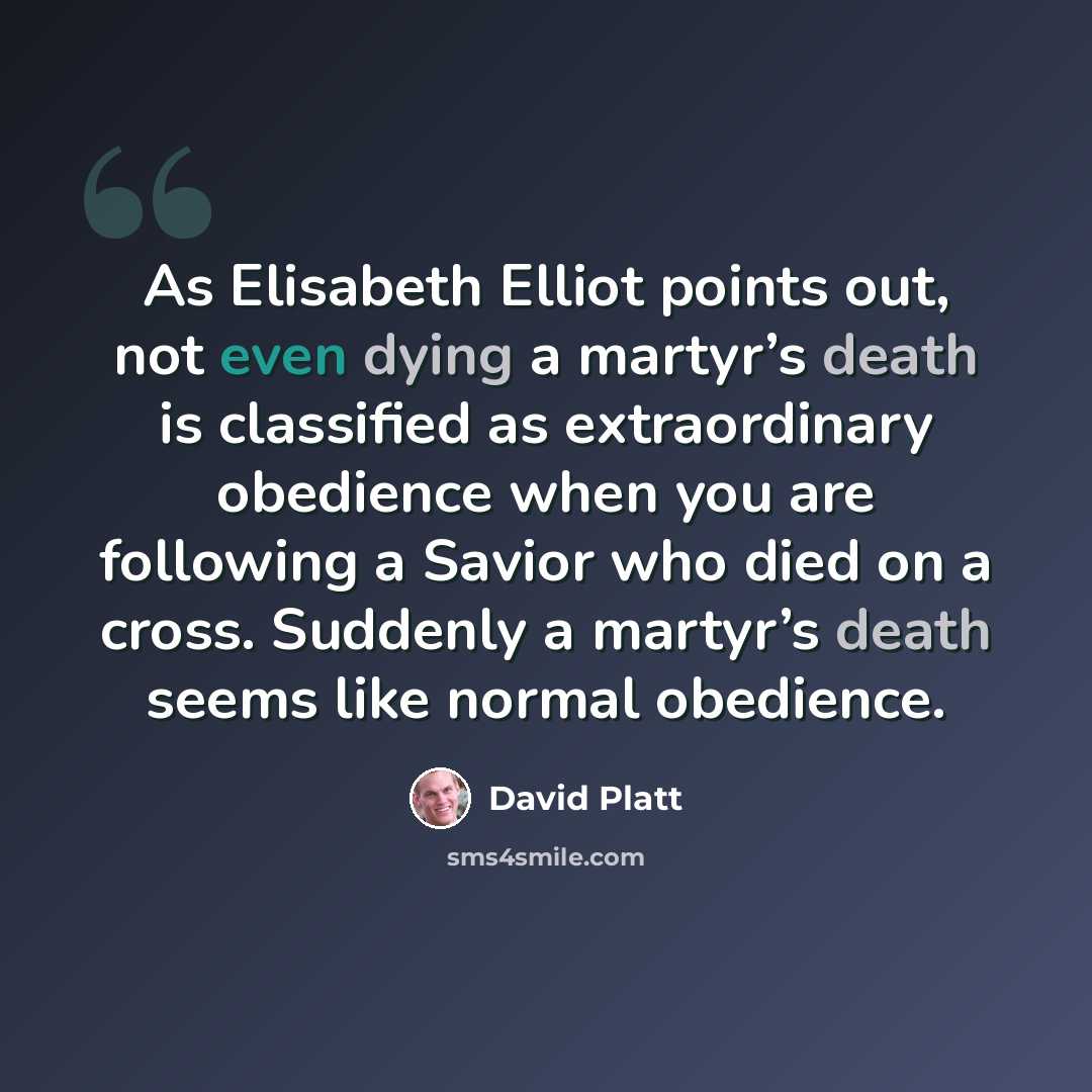 “As Elisabeth Elliot points out, not even dying a martyr’s death is classified as extraordinary obedience when you are following a Savior who died on a cross. Suddenly a martyr’s death seems like normal obedience.” quote by David Platt