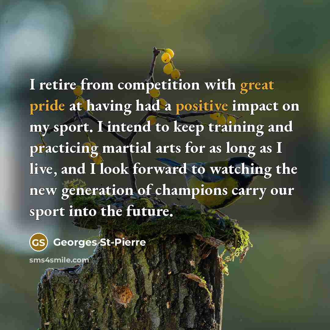 “I retire from competition with great pride at having had a positive impact on my sport. I intend to keep training and practicing martial arts for as long as I live, and I look forward to watching the new generation of champions carry our sport into the future.” quote by Georges St-Pierre