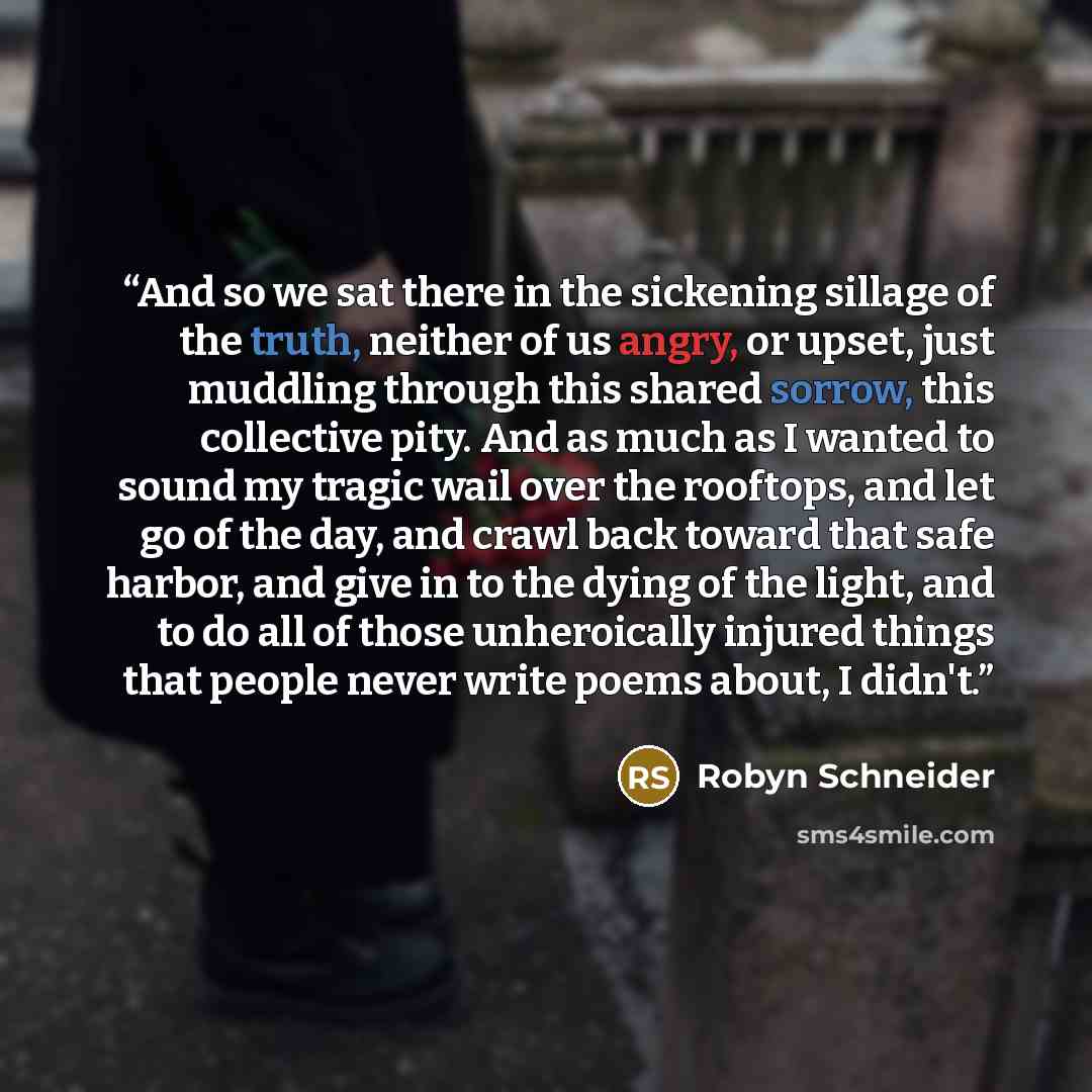 “And so we sat there in the sickening sillage of the truth, neither of us angry, or upset, just muddling through this shared sorrow, this collective pity. And as much as I wanted to sound my tragic wail over the rooftops, and let go of the day, and crawl back toward that safe harbor, and give in to…” quote by Robyn Schneider