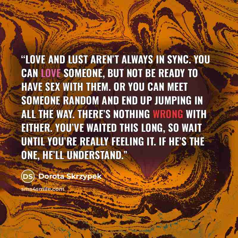 “Love and lust aren’t always in sync. You can love someone, but not be ready to have sex with them. Or you can meet someone random and end up jumping in all the way. There’s nothing wrong with either. You’ve waited this long, so wait until you’re really feeling it. If he’s The One, he’ll understand.” quote by Dorota Skrzypek
