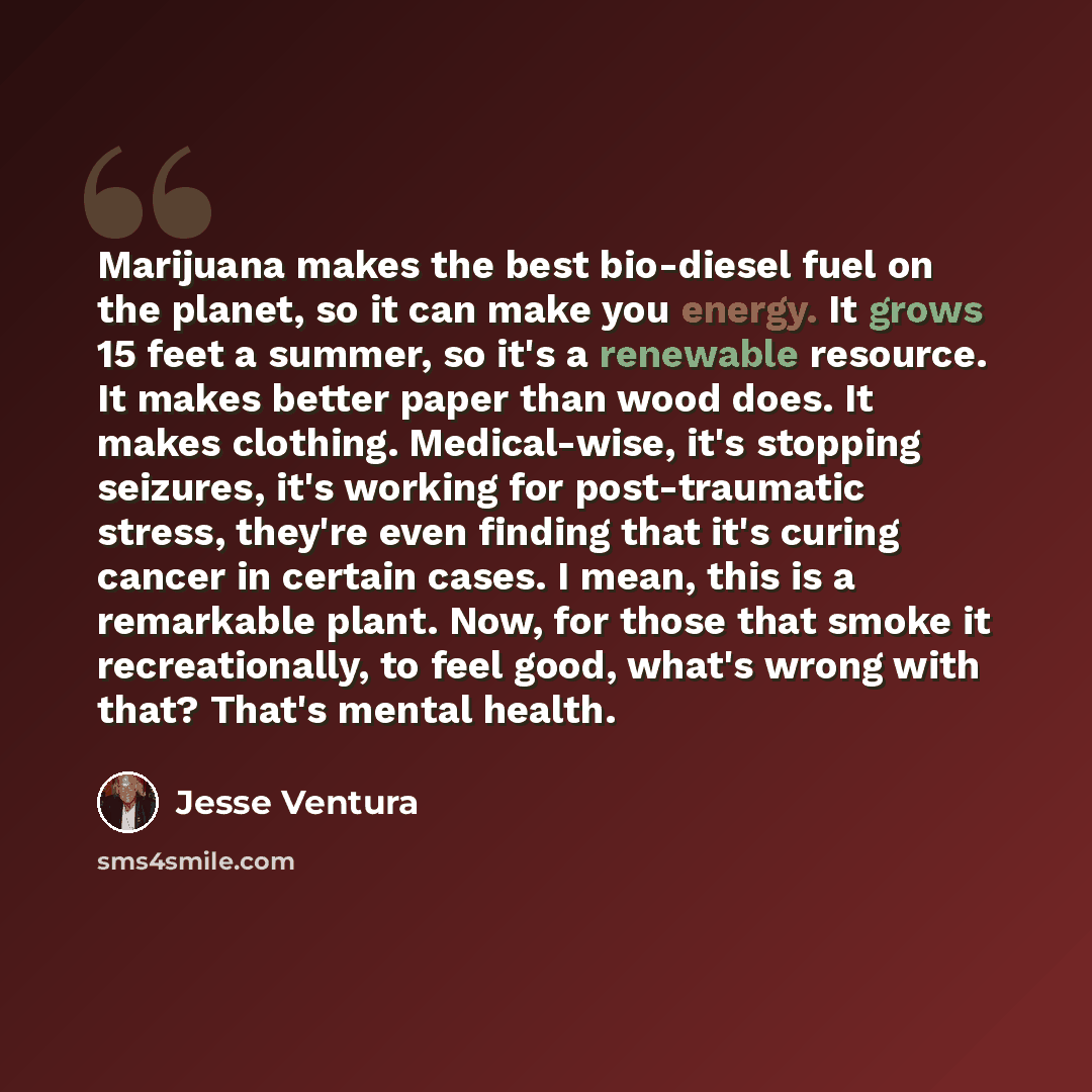 “Marijuana makes the best bio-diesel fuel on the planet, so it can make you energy. It grows 15 feet a summer, so it's a renewable resource. It makes better paper than wood does. It makes clothing. Medical-wise, it's stopping seizures, it's working for post-traumatic stress, they're even finding…” quote by Jesse Ventura