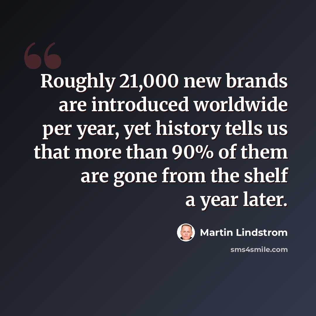 “Roughly 21,000 new brands are introduced worldwide per year, yet history tells us that more than 90% of them are gone from the shelf a year later.” quote by Martin Lindstrom