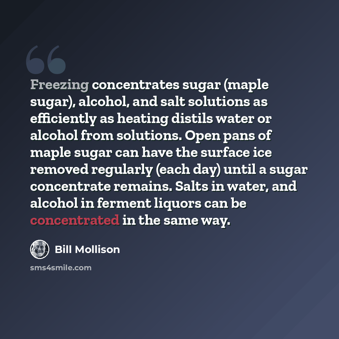 “Freezing concentrates sugar (maple sugar), alcohol, and salt solutions as efficiently as heating distils water or alcohol from solutions. Open pans of maple sugar can have the surface ice removed regularly (each day) until a sugar concentrate remains. Salts in water, and alcohol in ferment liquors…” quote by Bill Mollison