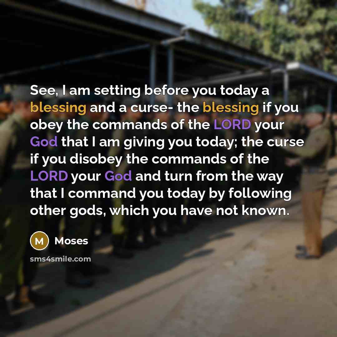 “See, I am setting before you today a blessing and a curse- the blessing if you obey the commands of the LORD your God that I am giving you today; the curse if you disobey the commands of the LORD your God and turn from the way that I command you today by following other gods, which you have not…” quote by Moses