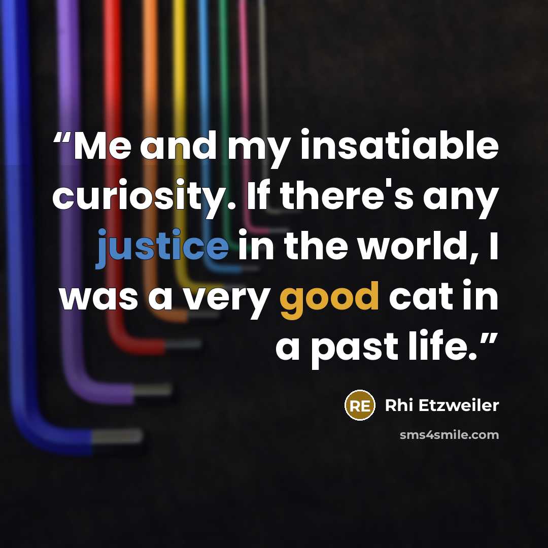 “Me and my insatiable curiosity. If there's any justice in the world, I was a very good cat in a past life.” quote by Rhi Etzweiler