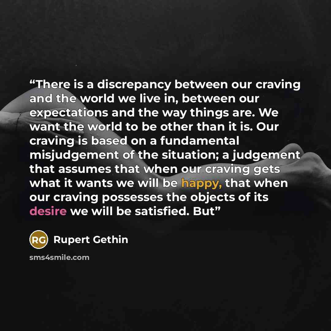 “There is a discrepancy between our craving and the world we live in, between our expectations and the way things are. We want the world to be other than it is. Our craving is based on a fundamental misjudgement of the situation; a judgement that assumes that when our craving gets what it wants we…” quote by Rupert Gethin