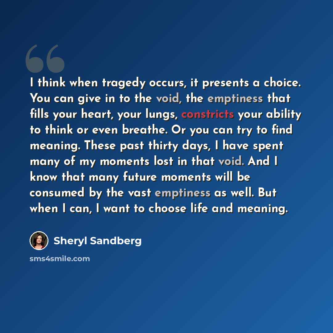 “I think when tragedy occurs, it presents a choice. You can give in to the void, the emptiness that fills your heart, your lungs, constricts your ability to think or even breathe. Or you can try to find meaning. These past thirty days, I have spent many of my moments lost in that void. And I know…” quote by Sheryl Sandberg
