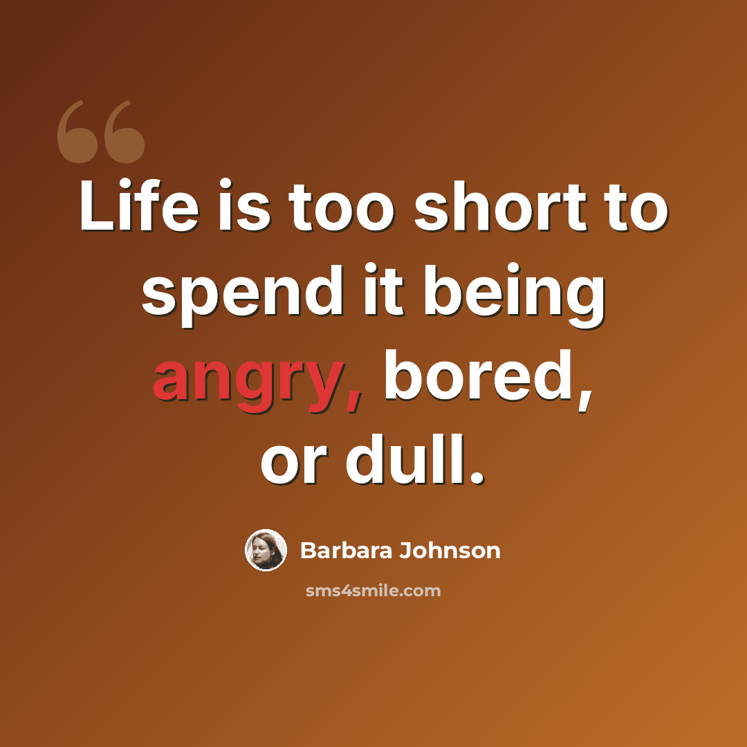 “Life is too short to spend it being angry, bored, or dull.” quote by Barbara Johnson