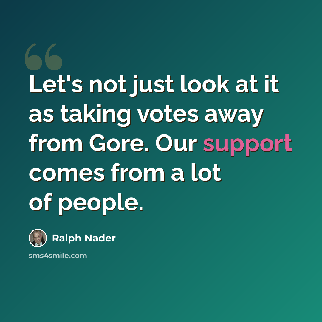 “Let's not just look at it as taking votes away from Gore. Our support comes from a lot of people.” quote by Ralph Nader