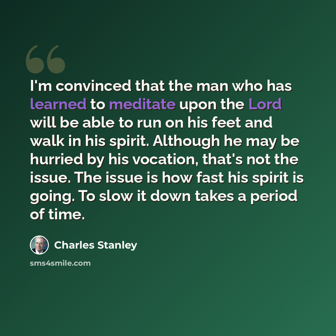 “I'm convinced that the man who has learned to meditate upon the Lord will be able to run on his feet and walk in his spirit. Although he may be hurried by his vocation, that's not the issue. The issue is how fast his spirit is going. To slow it down takes a period of time.” quote by Charles Stanley