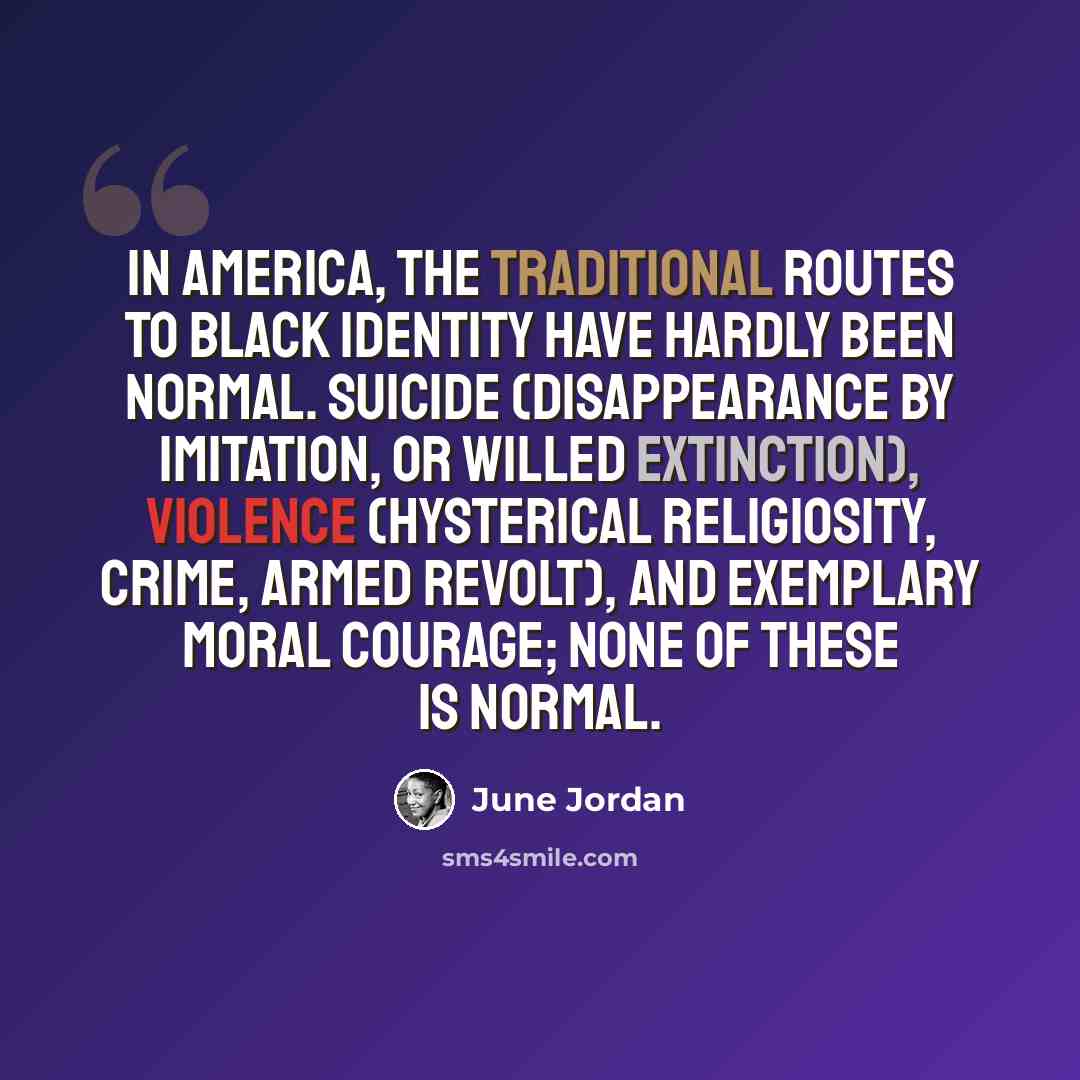 “In America, the traditional routes to black identity have hardly been normal. Suicide (disappearance by imitation, or willed extinction), violence (hysterical religiosity, crime, armed revolt), and exemplary moral courage; none of these is normal.” quote by June Jordan