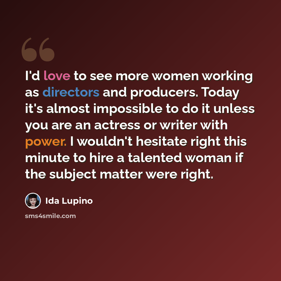 “I'd love to see more women working as directors and producers. Today it's almost impossible to do it unless you are an actress or writer with power. I wouldn't hesitate right this minute to hire a talented woman if the subject matter were right.” quote by Ida Lupino