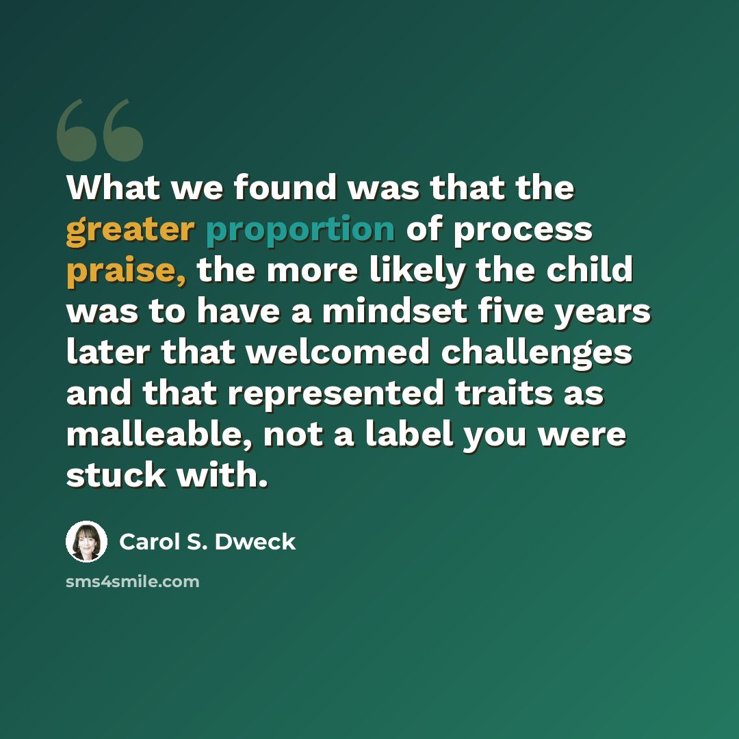 “What we found was that the greater proportion of process praise, the more likely the child was to have a mindset five years later that welcomed challenges and that represented traits as malleable, not a label you were stuck with.” quote by Carol S. Dweck