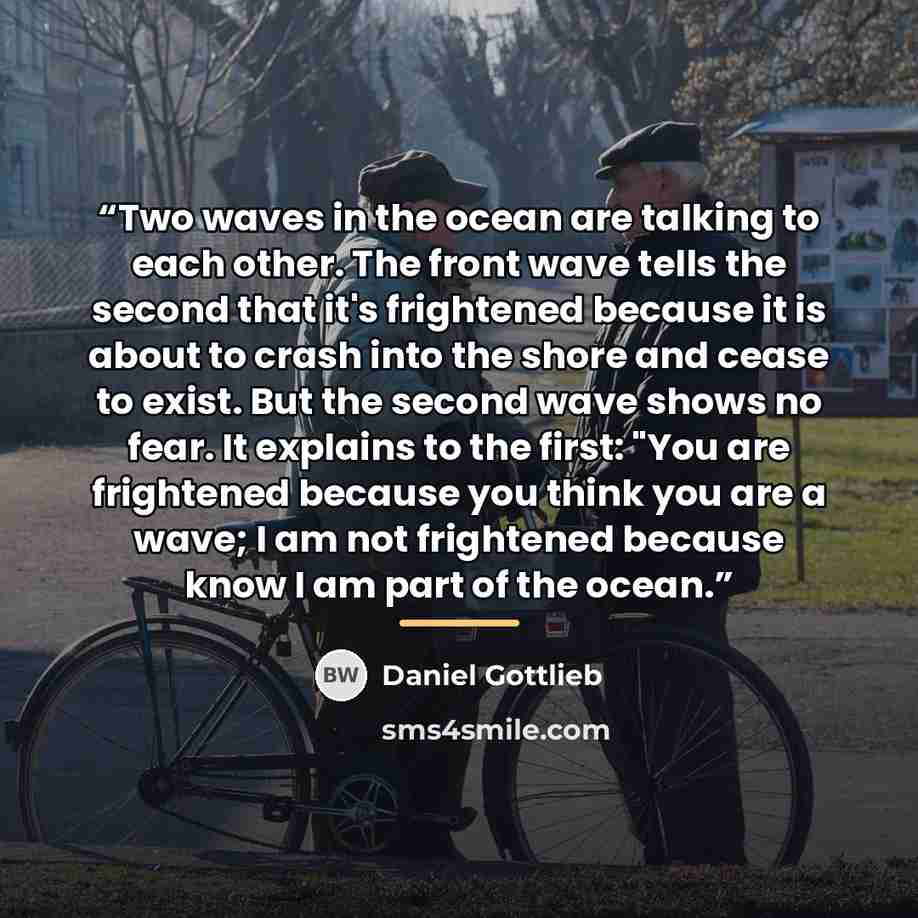 “Two waves in the ocean are talking to each other. The front wave tells the second that it's frightened because it is about to crash into the shore and cease to exist. But the second wave shows no fear. It explains to the first: "You are frightened because you think you are a wave; I am not…” quote by Daniel Gottlieb