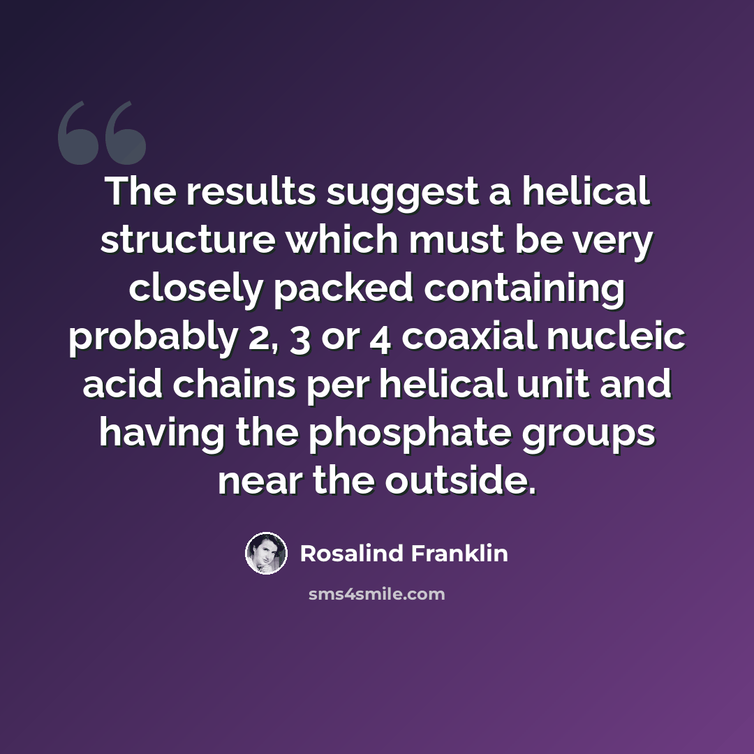 “The results suggest a helical structure which must be very closely packed containing probably 2, 3 or 4 coaxial nucleic acid chains per helical unit and having the phosphate groups near the outside.” quote by Rosalind Franklin