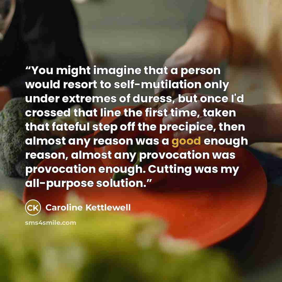 “You might imagine that a person would resort to self-mutilation only under extremes of duress, but once I'd crossed that line the first time, taken that fateful step off the precipice, then almost any reason was a good enough reason, almost any provocation was provocation enough. Cutting was my…” quote by Caroline Kettlewell