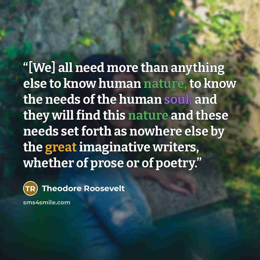 “[We] all need more than anything else to know human nature, to know the needs of the human soul; and they will find this nature and these needs set forth as nowhere else by the great imaginative writers, whether of prose or of poetry.” quote by Theodore Roosevelt