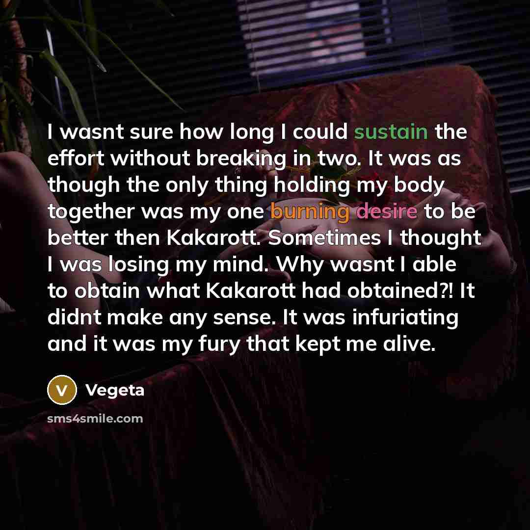 “I wasnt sure how long I could sustain the effort without breaking in two. It was as though the only thing holding my body together was my one burning desire to be better then Kakarott. Sometimes I thought I was losing my mind. Why wasnt I able to obtain what Kakarott had obtained?! It didnt make…” quote by Vegeta