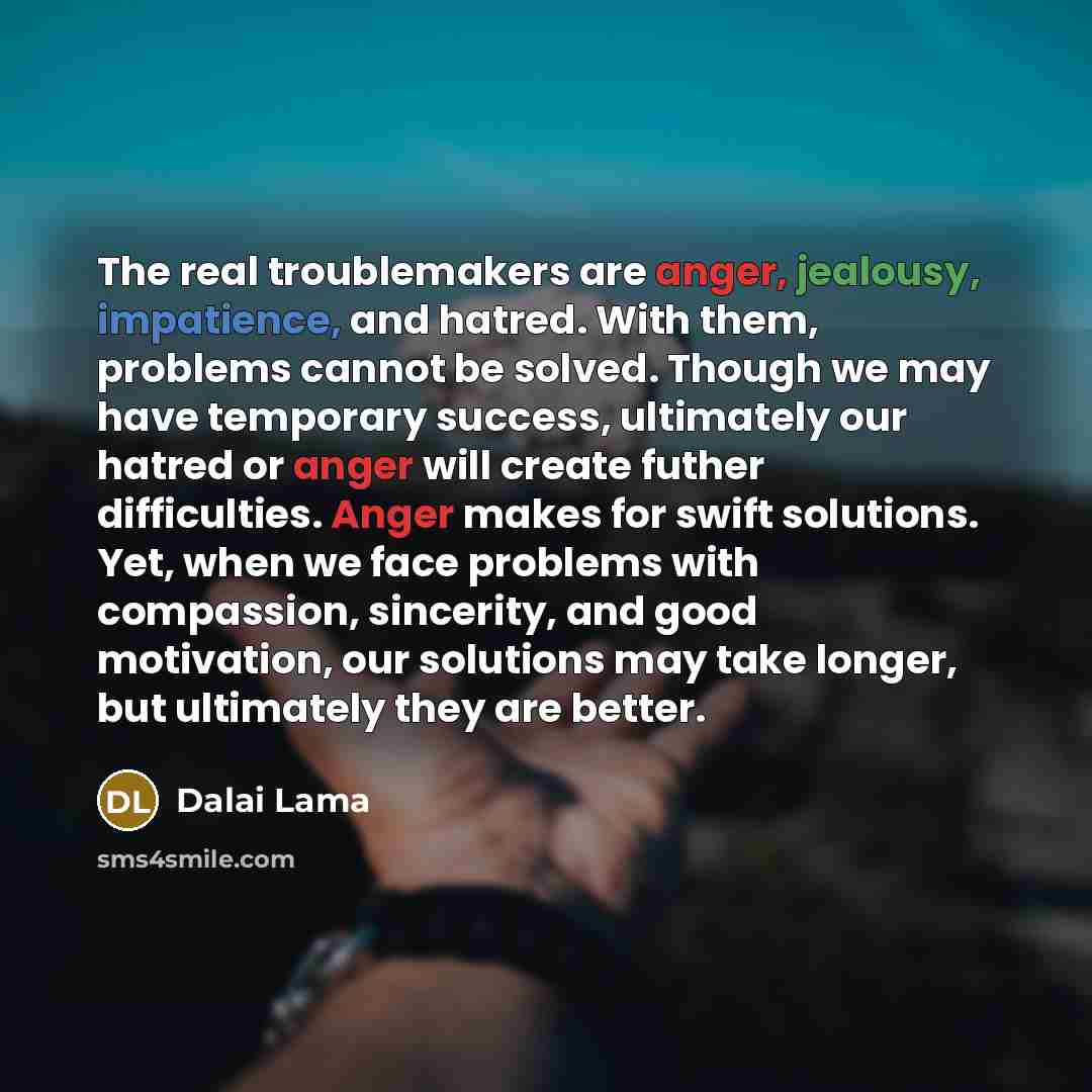 “The real troublemakers are anger, jealousy, impatience, and hatred. With them, problems cannot be solved. Though we may have temporary success, ultimately our hatred or anger will create futher difficulties. Anger makes for swift solutions. Yet, when we face problems with compassion, sincerity…” quote by Dalai Lama