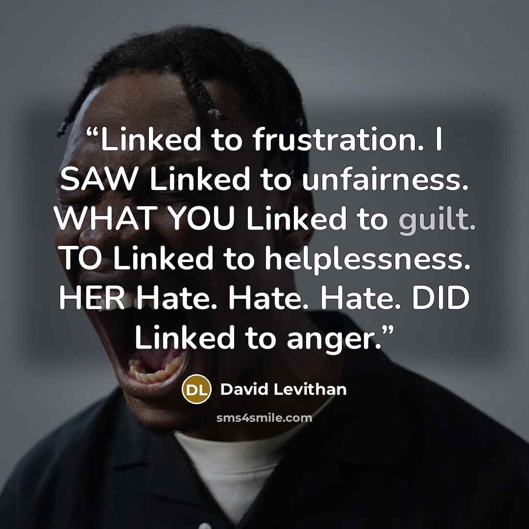 “Linked to frustration. I SAW Linked to unfairness. WHAT YOU Linked to guilt. TO Linked to helplessness. HER Hate. Hate. Hate. DID Linked to anger.” quote by David Levithan