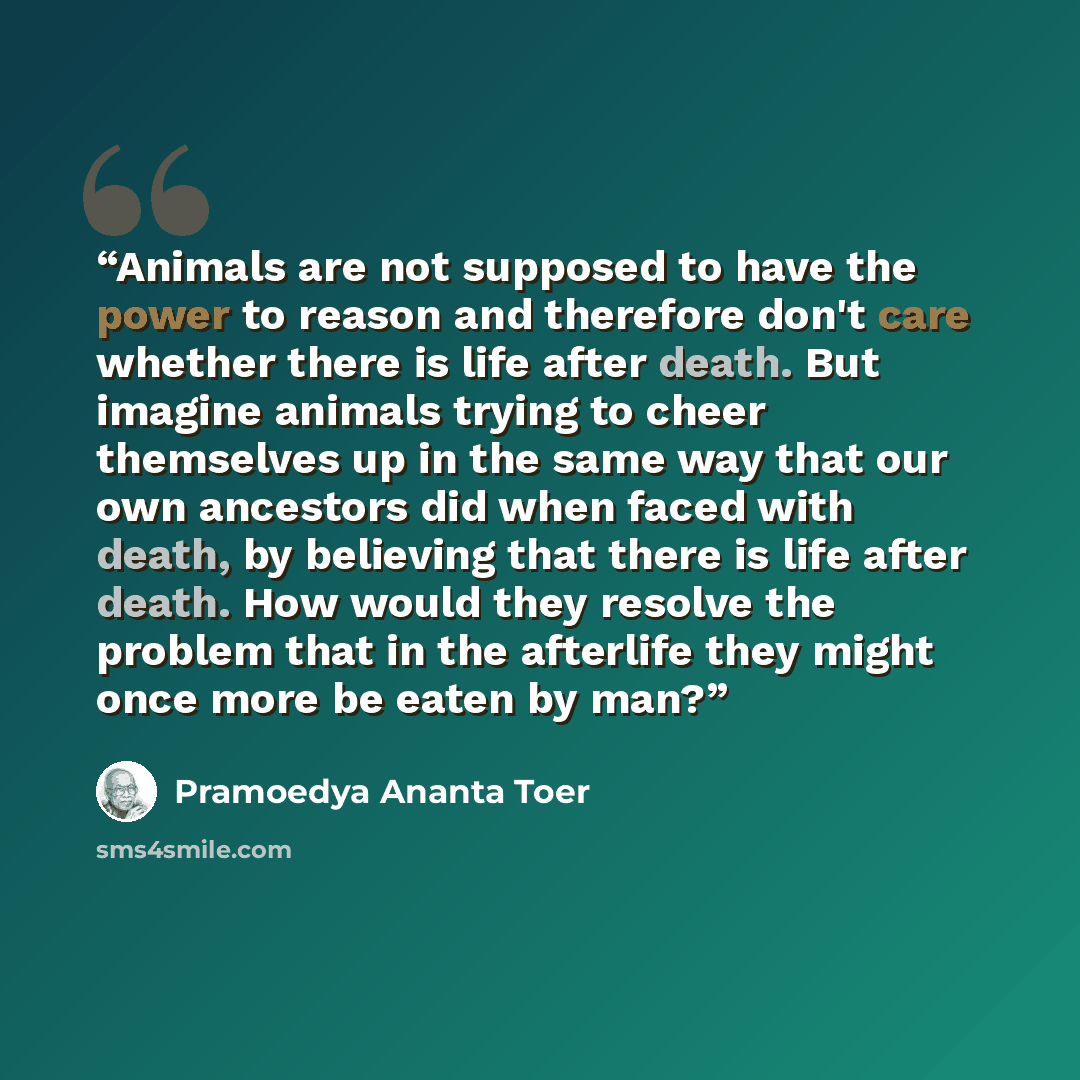 “Animals are not supposed to have the power to reason and therefore don't care whether there is life after death. But imagine animals trying to cheer themselves up in the same way that our own ancestors did when faced with death, by believing that there is life after death. How would they resolve…” quote by Pramoedya Ananta Toer