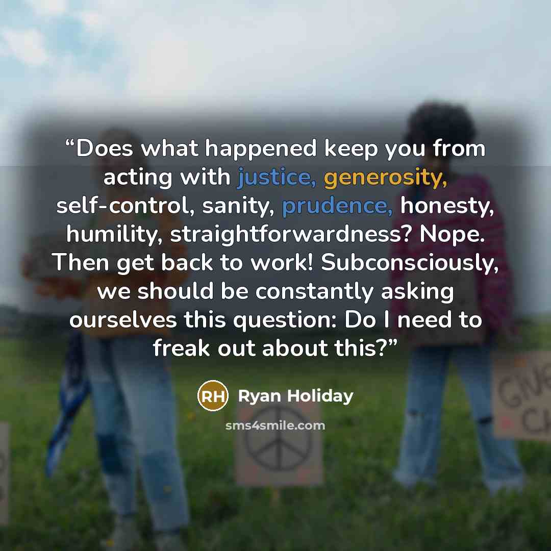 “Does what happened keep you from acting with justice, generosity, self-control, sanity, prudence, honesty, humility, straightforwardness? Nope. Then get back to work! Subconsciously, we should be constantly asking ourselves this question: Do I need to freak out about this?” quote by Ryan Holiday