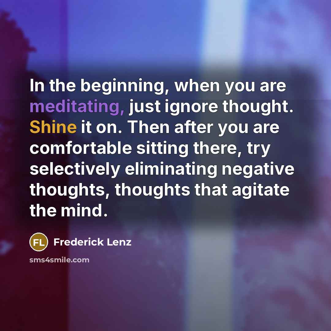 “In the beginning, when you are meditating, just ignore thought. Shine it on. Then after you are comfortable sitting there, try selectively eliminating negative thoughts, thoughts that agitate the mind.” quote by Frederick Lenz