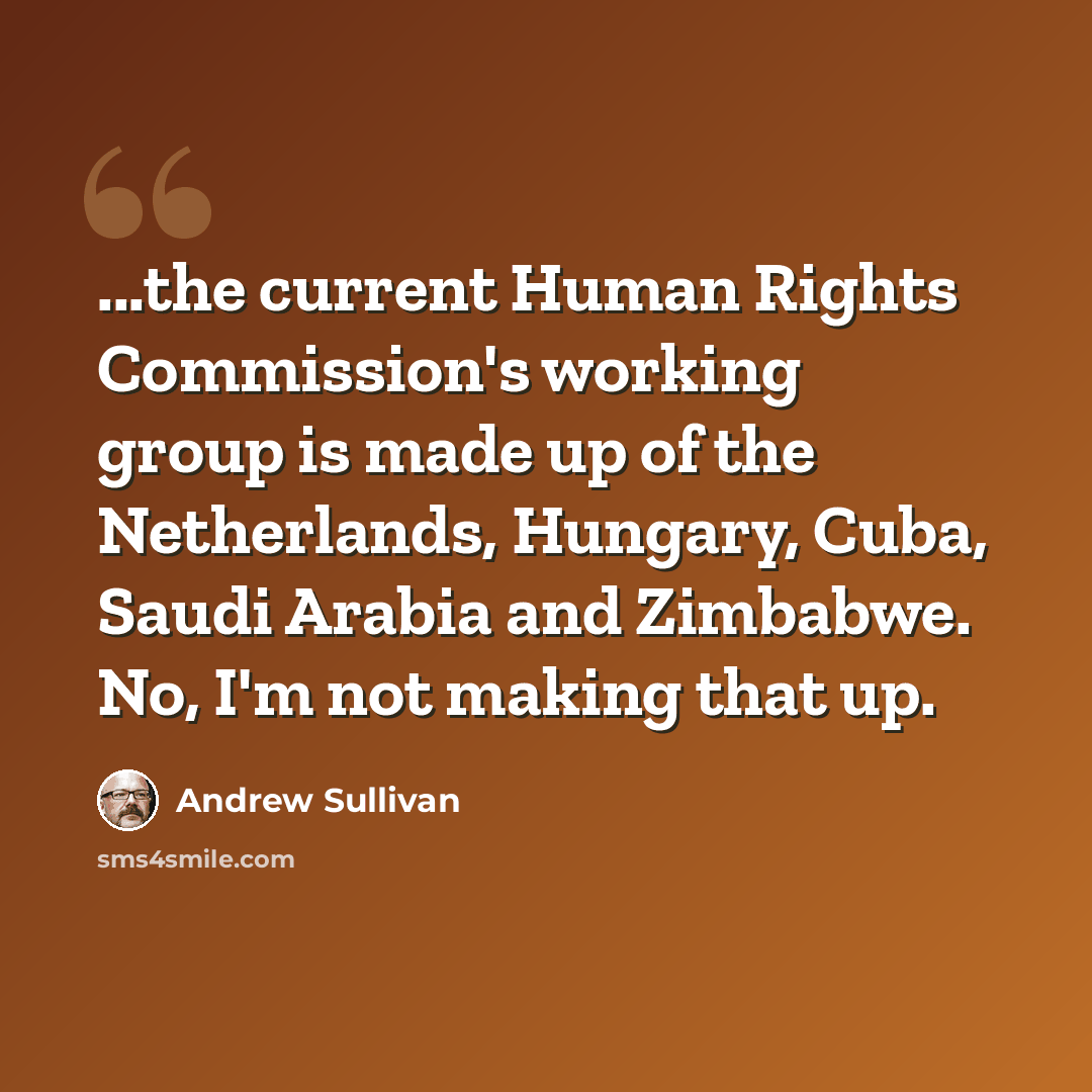 “...the current Human Rights Commission's working group is made up of the Netherlands, Hungary, Cuba, Saudi Arabia and Zimbabwe. No, I'm not making that up.” quote by Andrew Sullivan