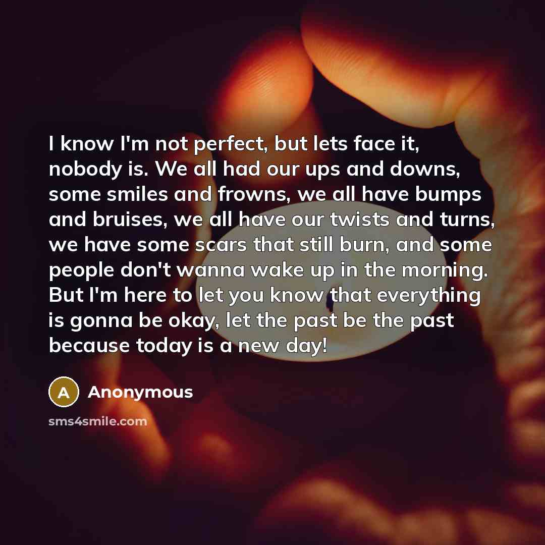 “I know I'm not perfect, but lets face it, nobody is. We all had our ups and downs, some smiles and frowns, we all have bumps and bruises, we all have our twists and turns, we have some scars that still burn, and some people don't wanna wake up in the morning. But I'm here to let you know that…” quote by Anonymous