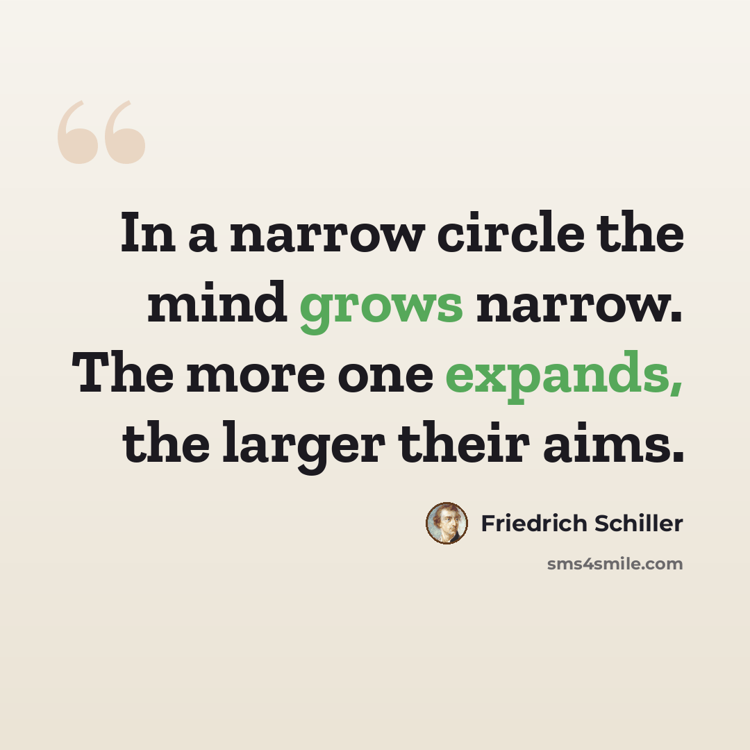 “In a narrow circle the mind grows narrow. The more one expands, the larger their aims.” quote by Friedrich Schiller
